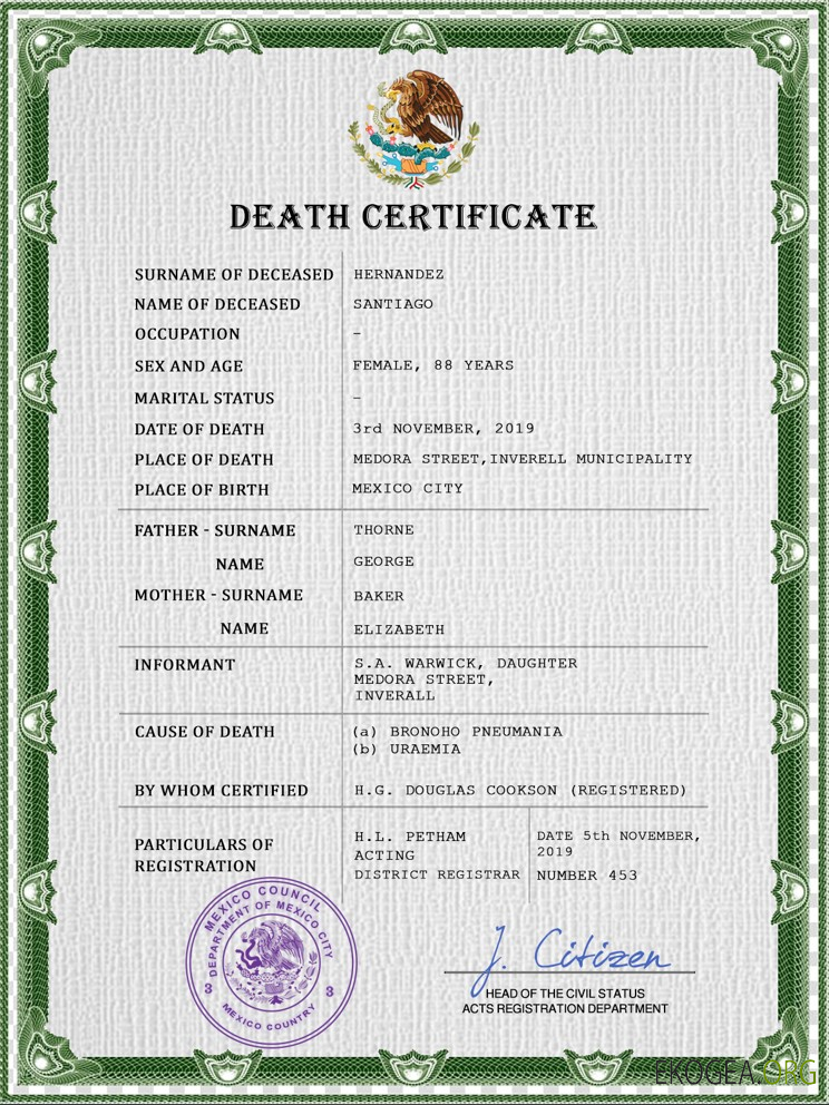 Modèle PSD de certificat de décès du Mexique